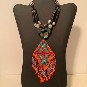 Turquoise Boho Festival Necklace with Fringed Beaded Pendant